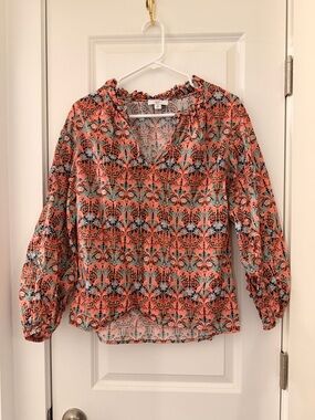 J. Crew Coral and Teal Floral V-Neck Blouse